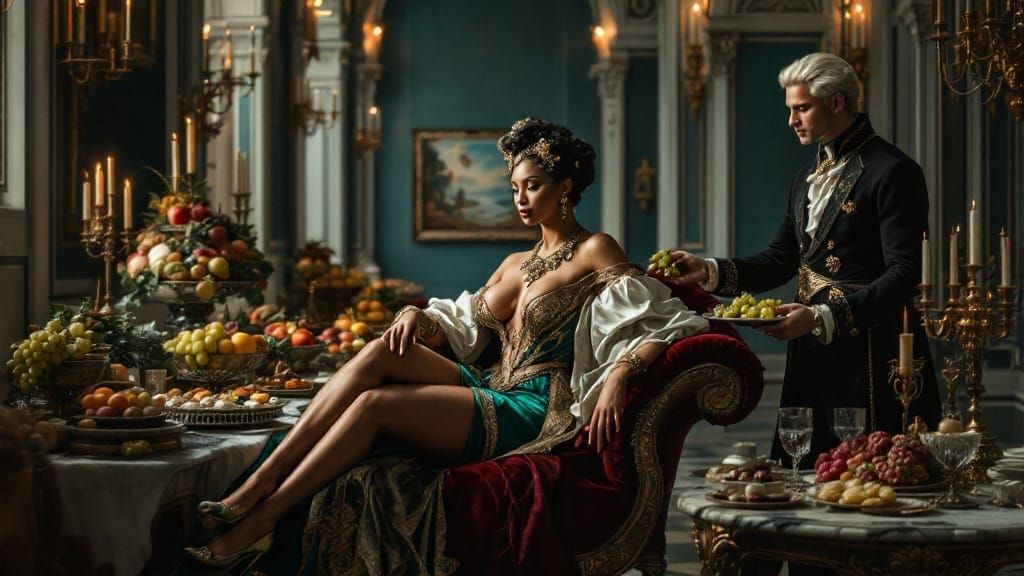 Regal Nubian Woman in Luxurious Baroque Setting