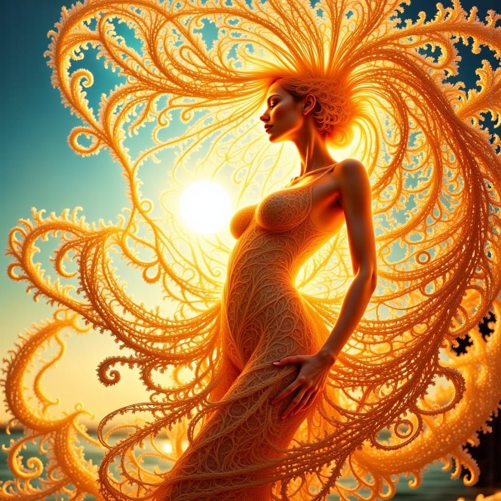 Hair Flow Lady in Photorealistic Alcohol Inks and Gold