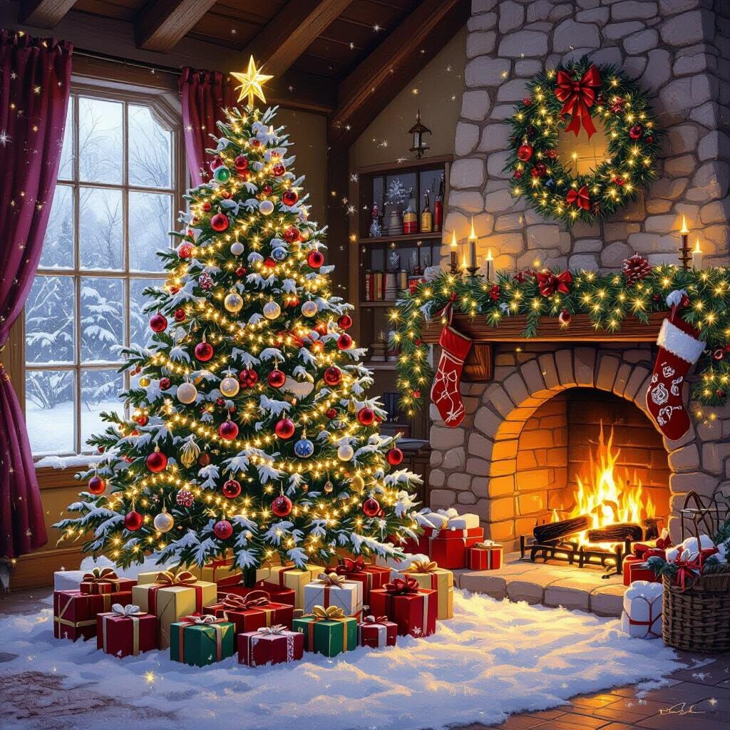 Cozy Christmas Tree in Snow-Dusted Cottage Living Room