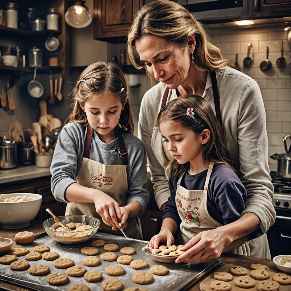 Mother and Daughter Baking Cookies: Hyperrealistic Image