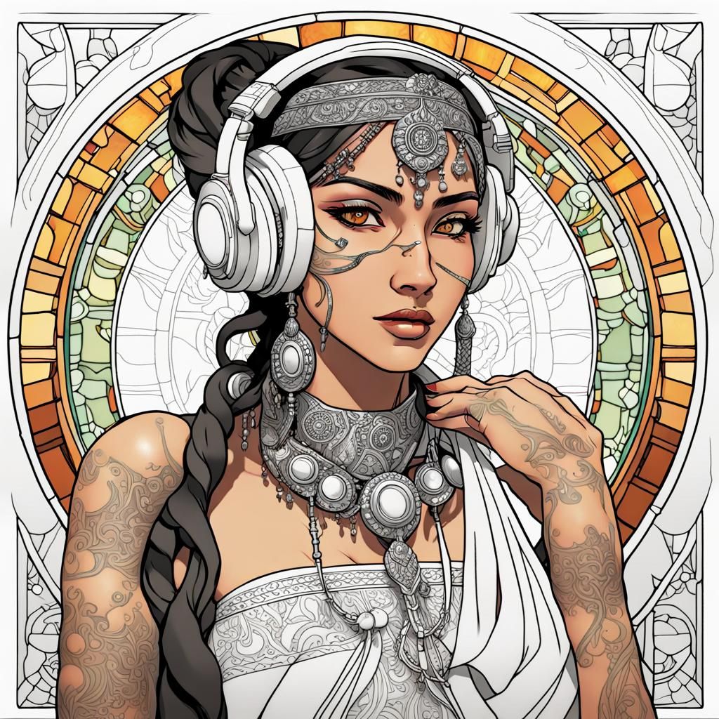 Cyberpunk Indian Woman Coloring Page in Art Nouveau Style