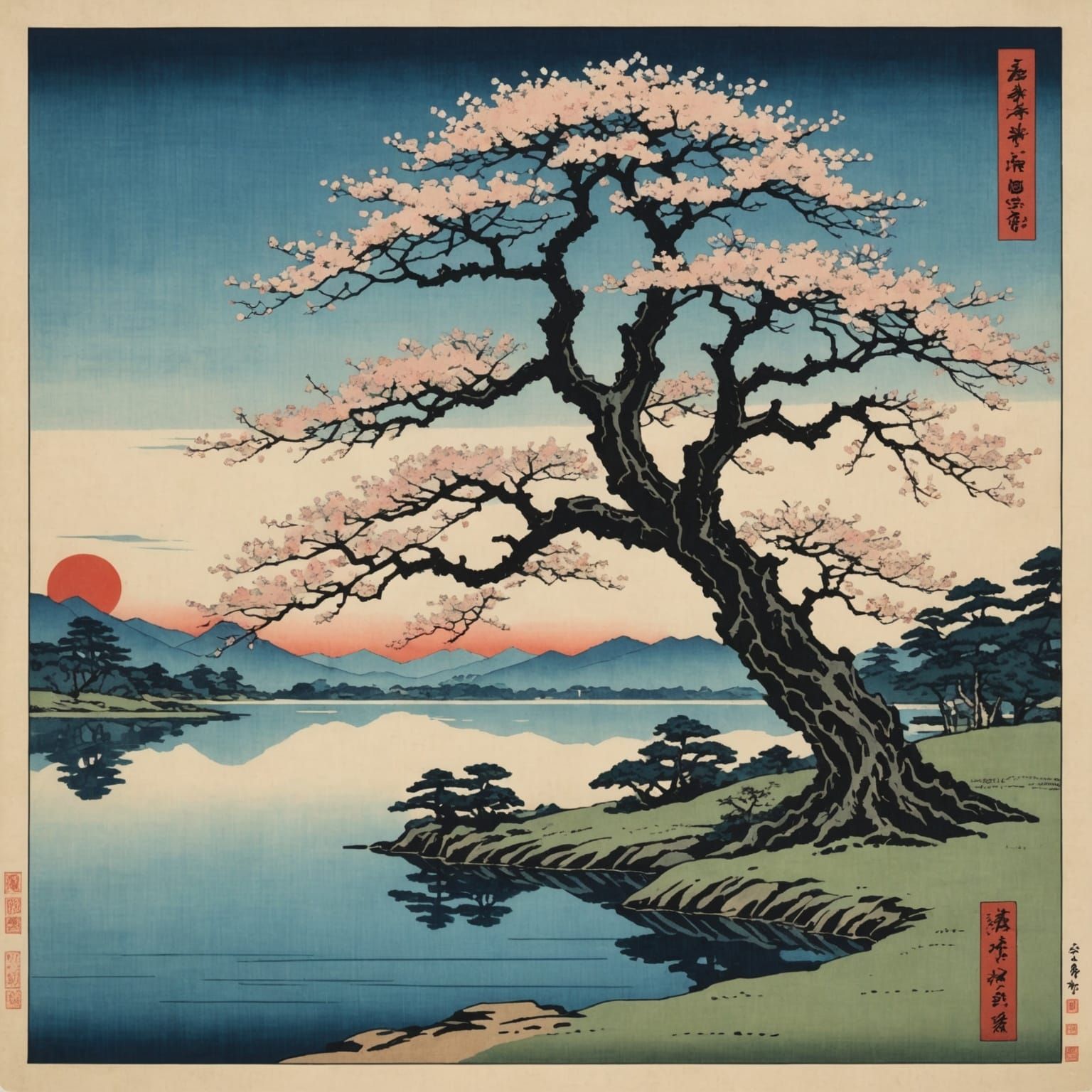 Sakura Tree by Lake: Ukiyo-e Woodblock Print