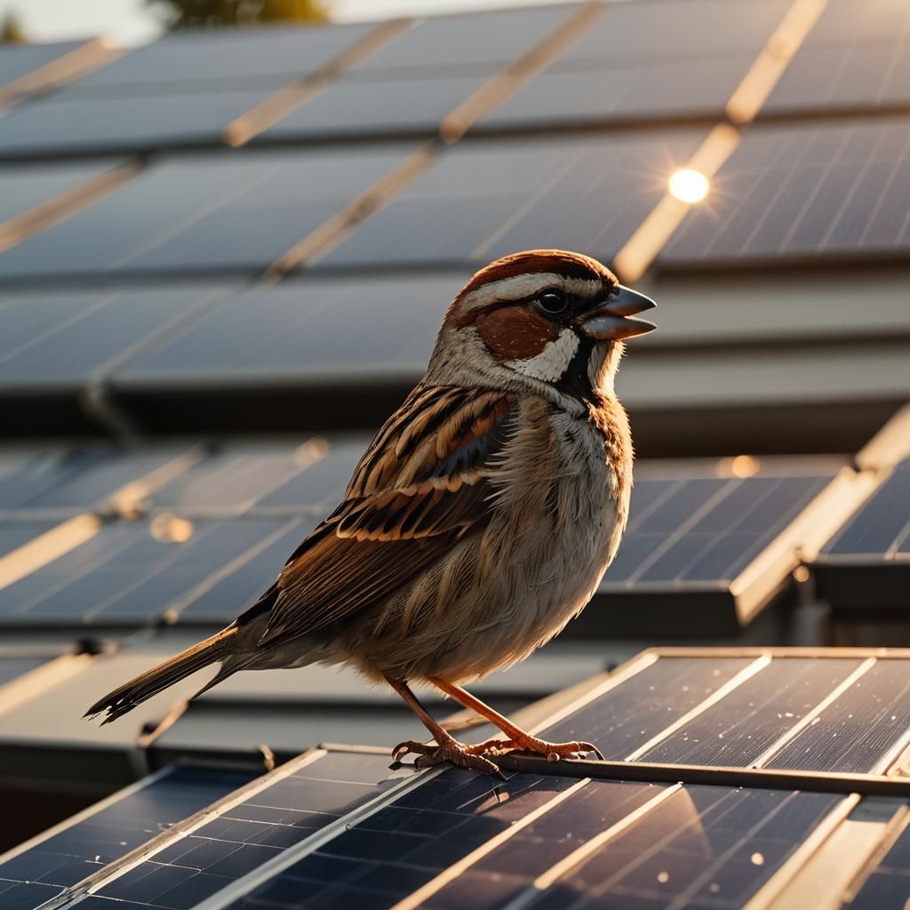 Sparrow Singing on Solar Module in Cinematic Style