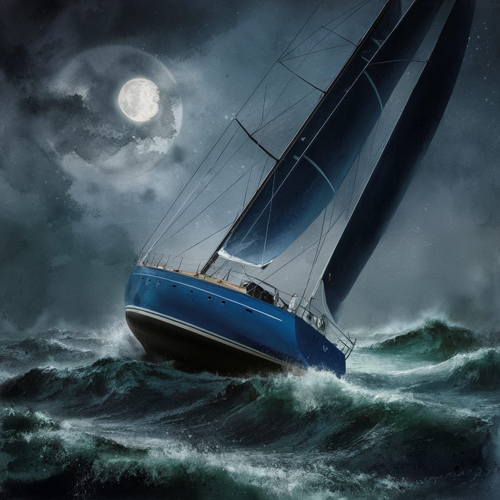 Ultramarine Sailboat at Night in Watercolor Style