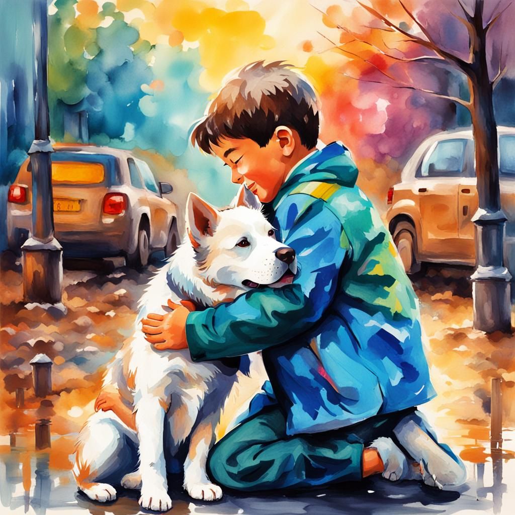 Joyful Reunion: Boy and Dog in Watercolor