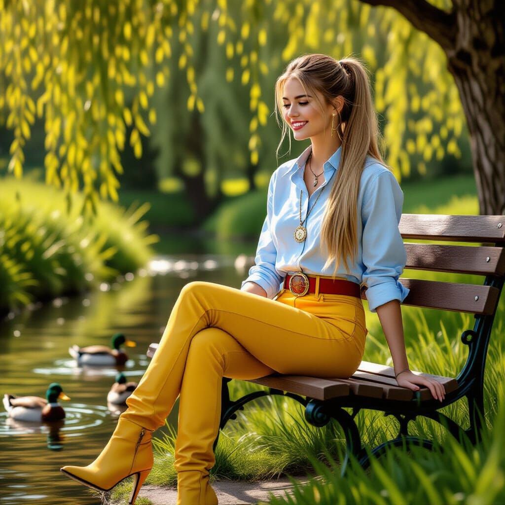 Young Woman with Blond Ponytail and Amulet by Stream