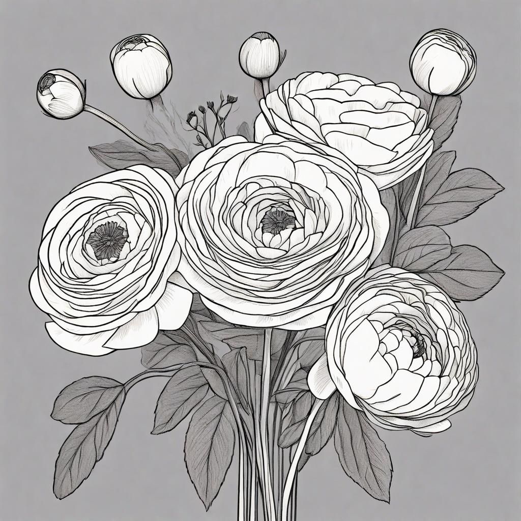 Minimalist Line Art Bouquet of Ranunculus and Peonies