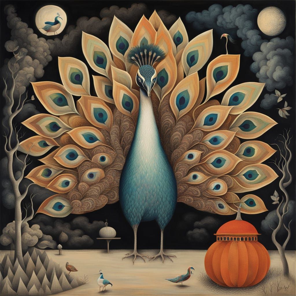 Whimsical Surrealist Peacock in Crayon Colors