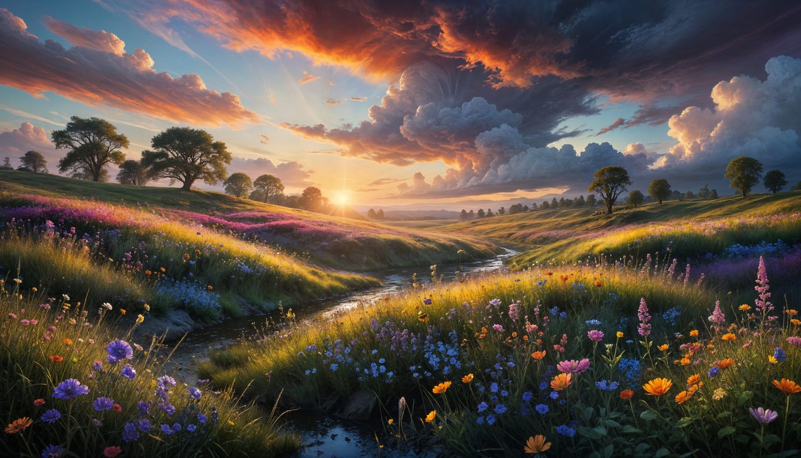 Vibrant Sunset Whimsy in a Spring Landscape