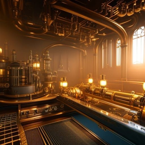 Elegant Steampunk Mechanical Room in Hyperrealistic 3D