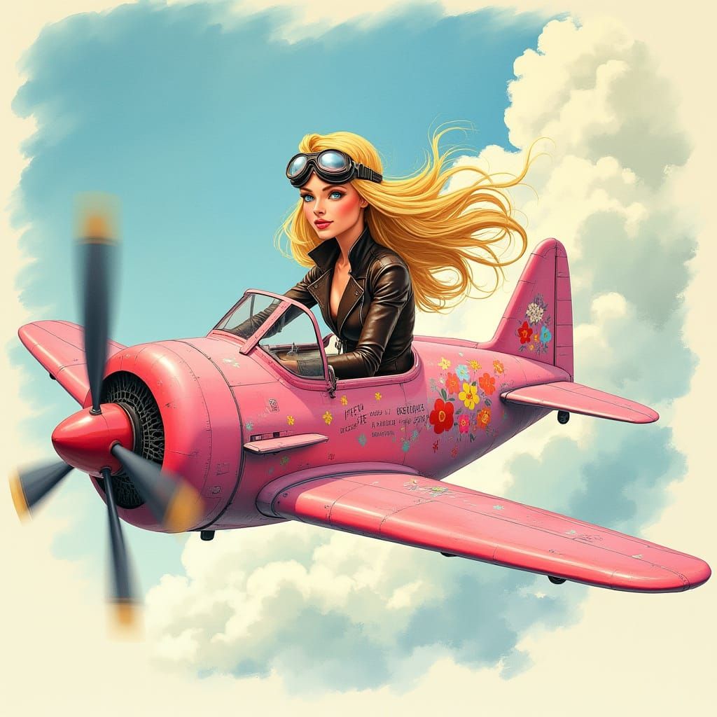 Woman Pilots Pink Airplane in 1950s Poster Art Style