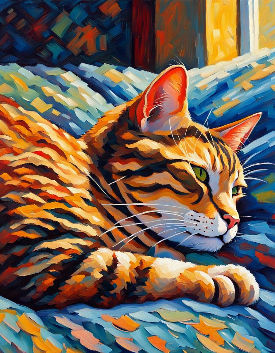 Colorful Tabby Cat Sleeping: Expressionist Oil Painting