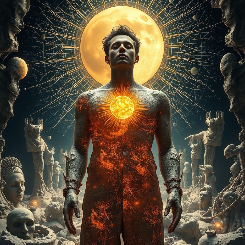 Surreal Male Figure Emerges in Sun and Moon Imagery