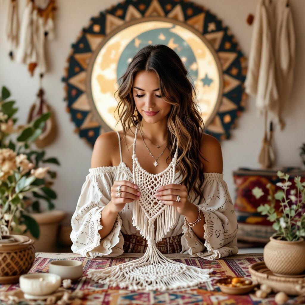 Macrame Artist Creates Bohemian Full Moon Design