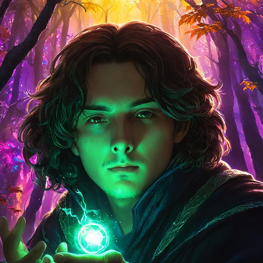 Wizard Casting Magic in Enchanted Forest, Manga Style