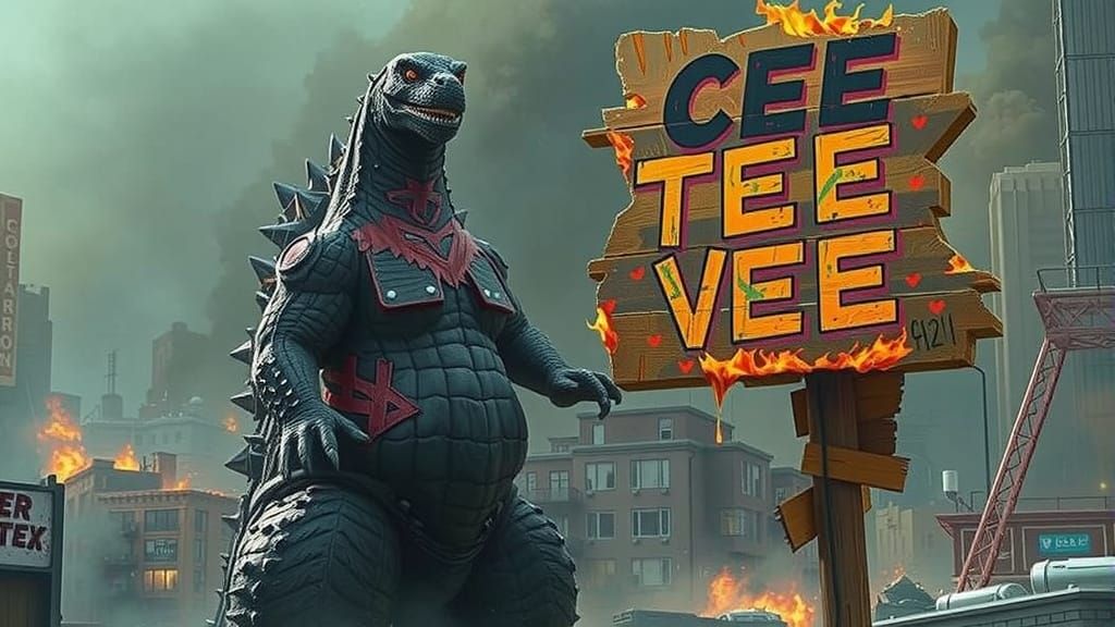 Godzilla Charred Suit Smoldering Cityscape