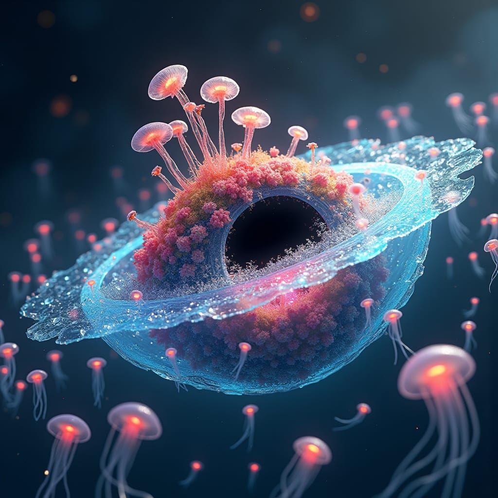 Surreal Floating Island Orbiting a Black Hole