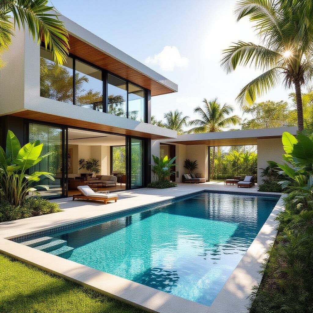Modern House with Garden and Pool, Photorealistic Style