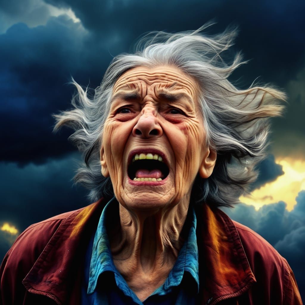 Angry old woman screams at clouds