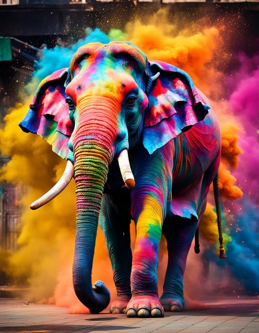 Elephant Celebrates Holi Festival in Colorful India