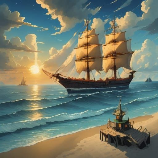 Tropical Beach Sunset with Ships in Animation Style