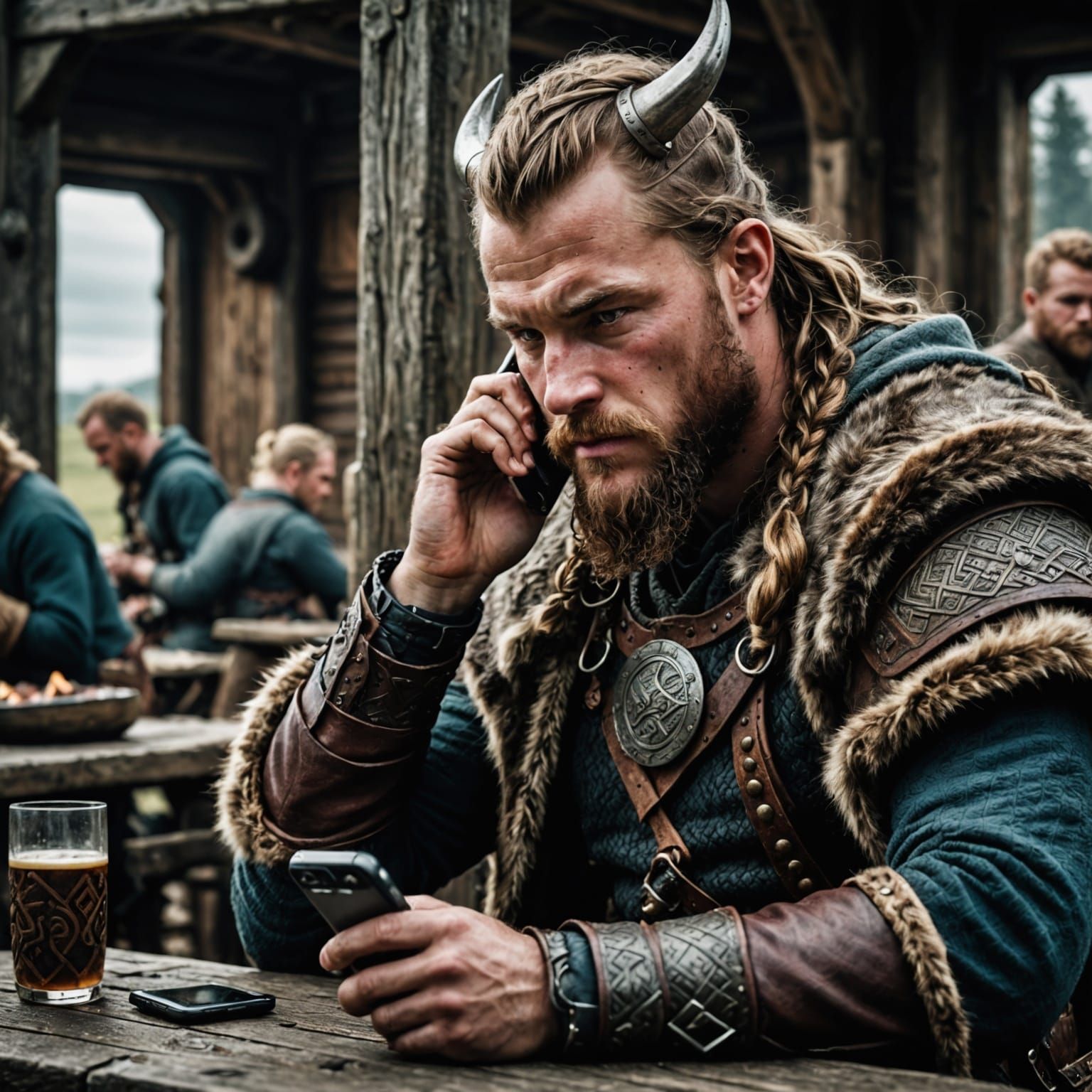 Viking Warrior Using Mobile Phone, Hyperrealistic