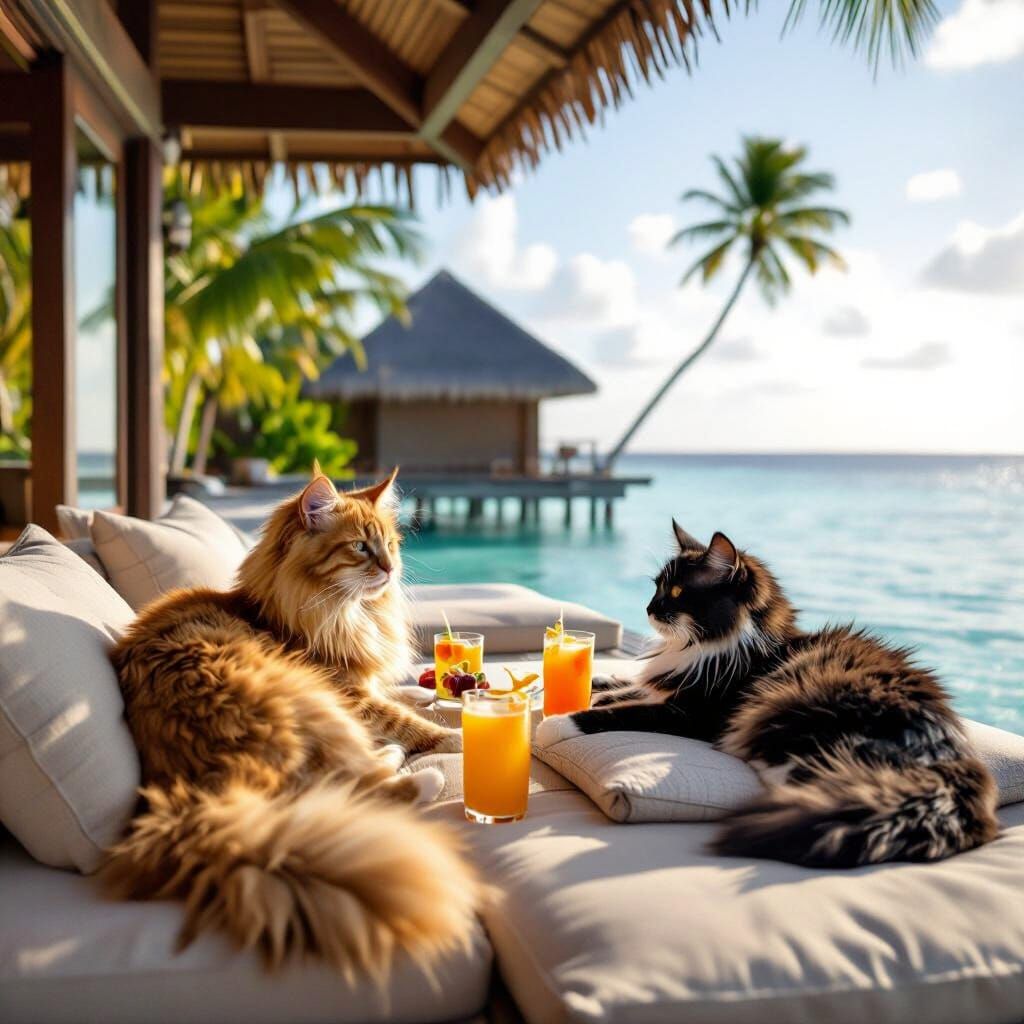 Cats Relaxing in Overwater Bungalow in Maldives
