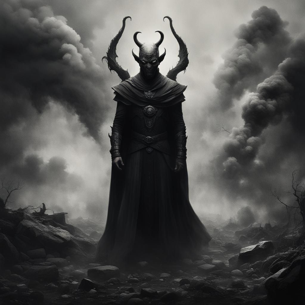 Monochrome Demon in Gothic Landscape, Detailed Dark Fantasy