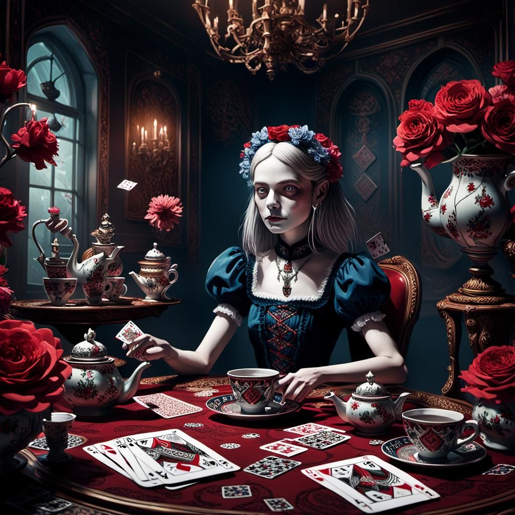 Whimsical Gothic Tea Party Scene in Dark Fantasy Style