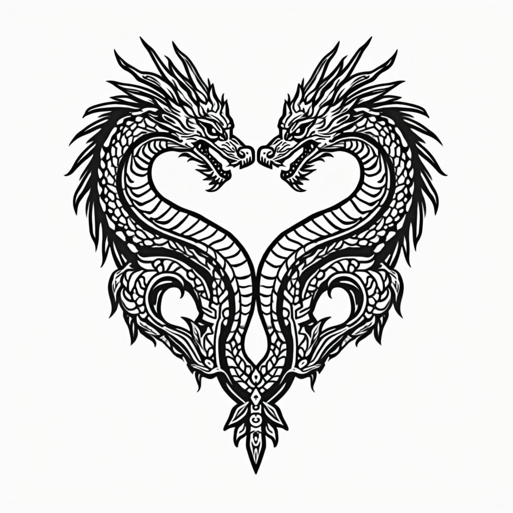 Entwined Dragons in Heart Shape: Black and White Vector