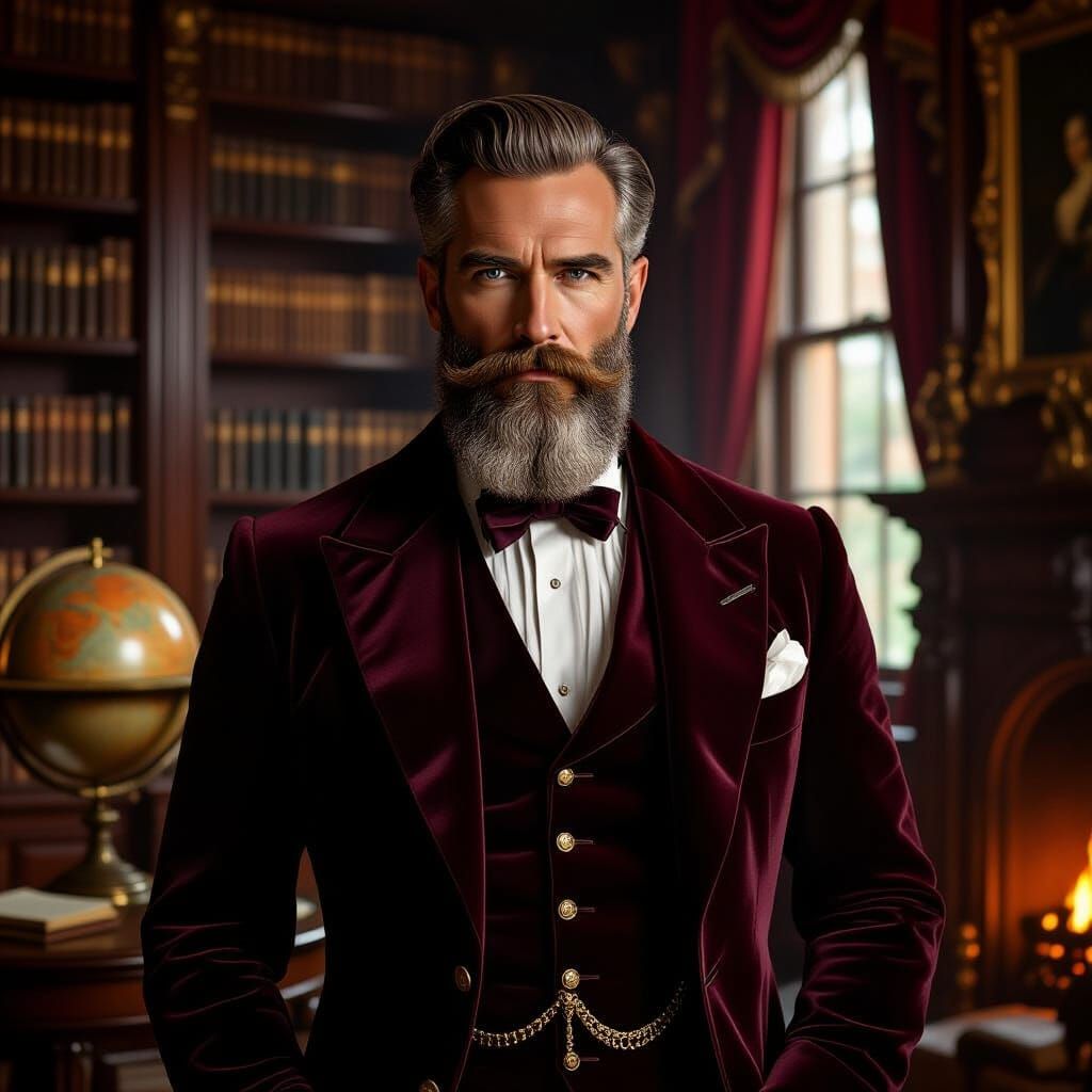 Victorian Gentleman in Grand Library, Dramatic Portrait