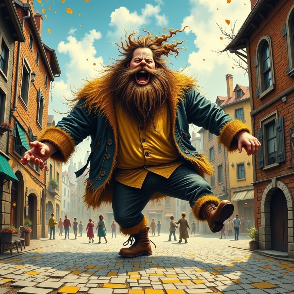 Joyful Giant Dances in Whimsical Storybook Town