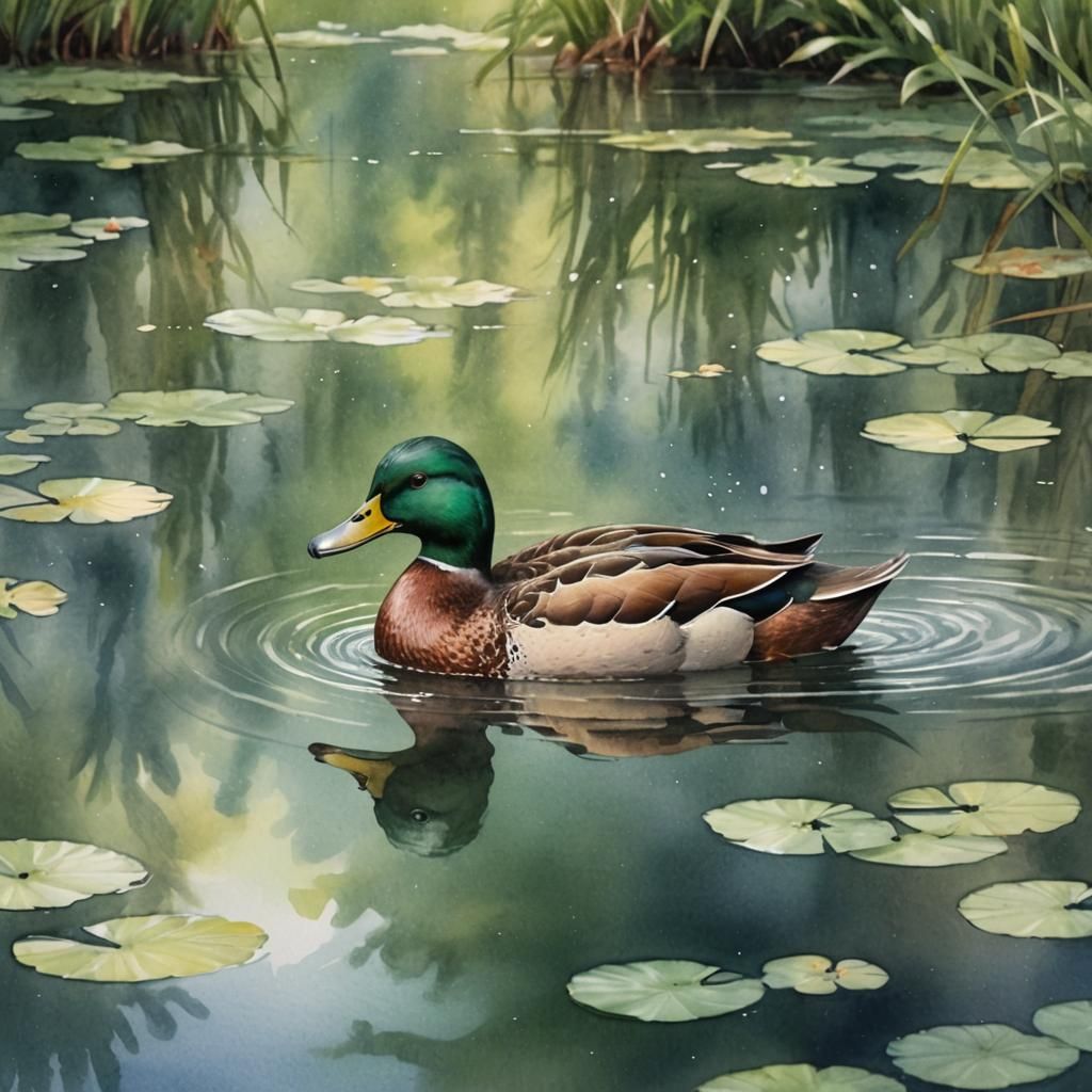 Watercolor Duck Swimming in Serene Lake