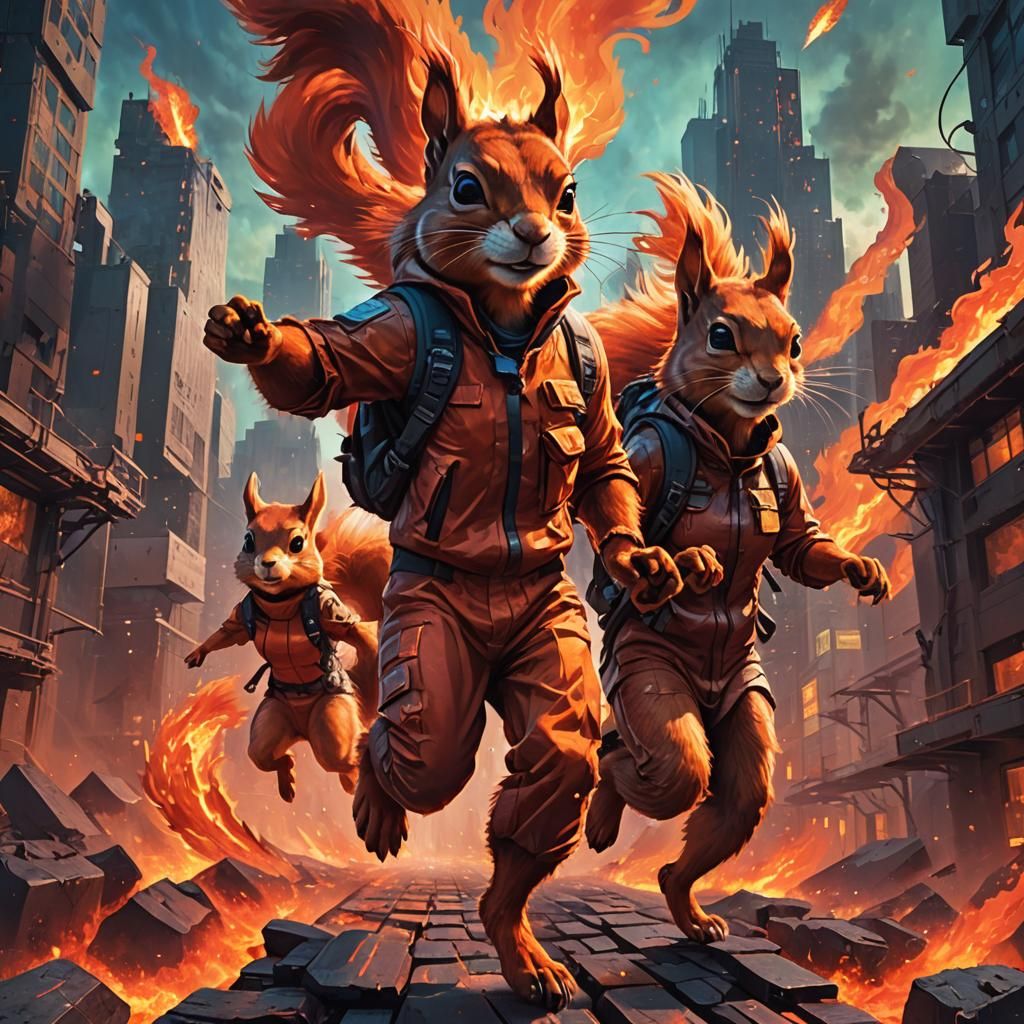 Anthro Squirrels Flee Lava Apocalypse in Astral Illustration