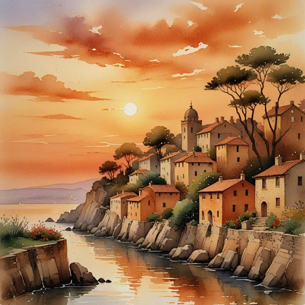 Warm Sunset Cityscape in Watercolor