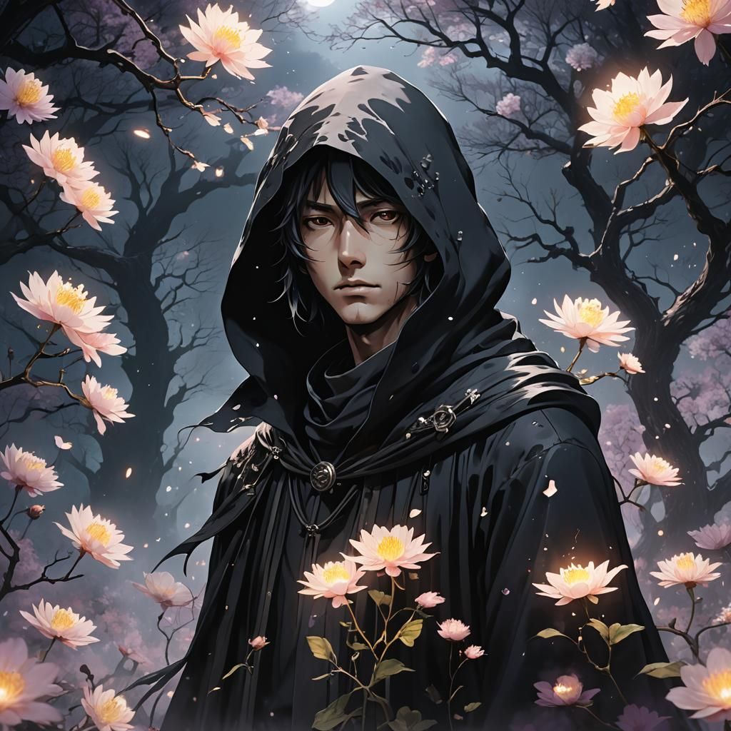 Ethereal Hooded Figure in Dark Anime Style