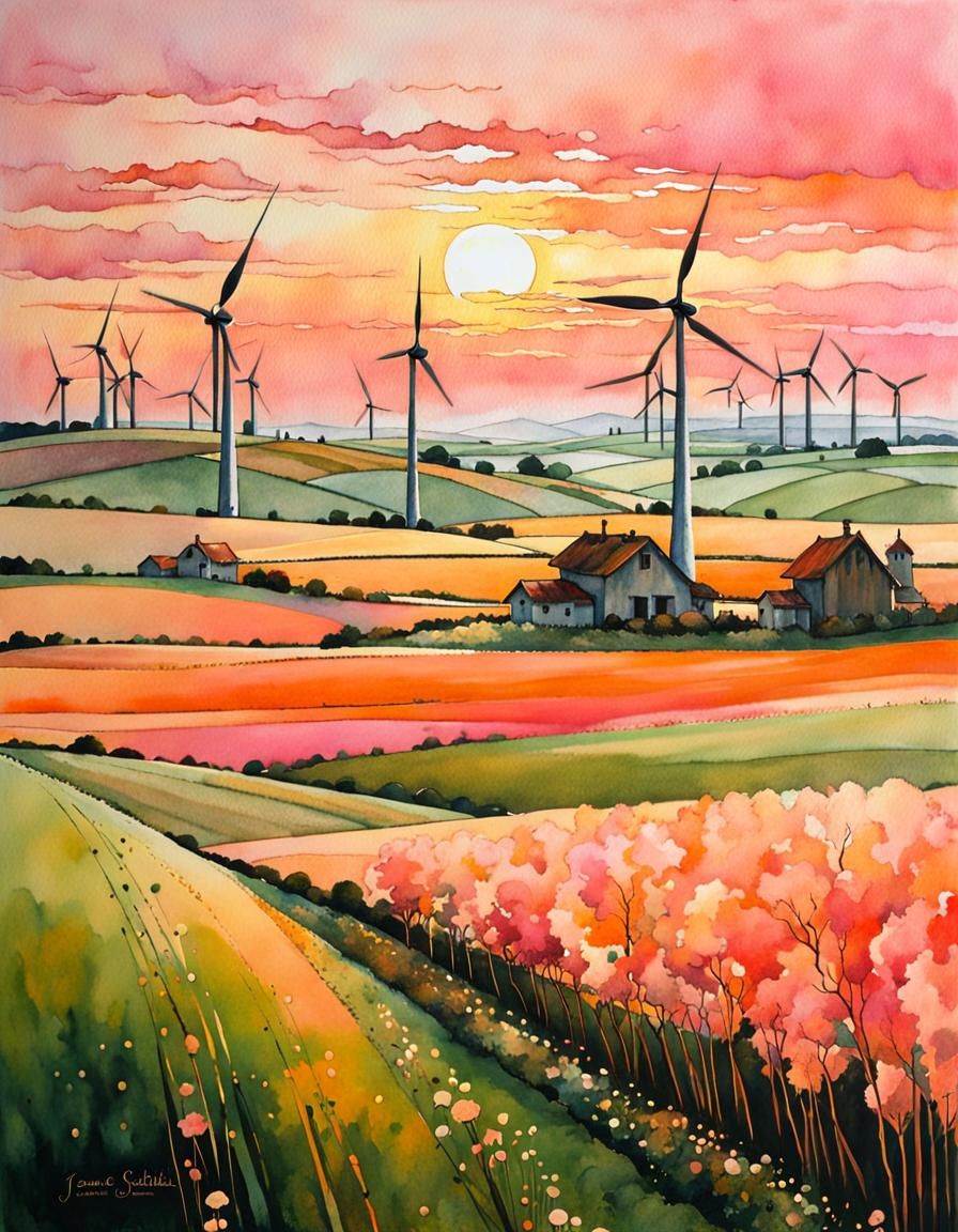 Sunrise Over Fields with Wind Turbines, Watercolor Style