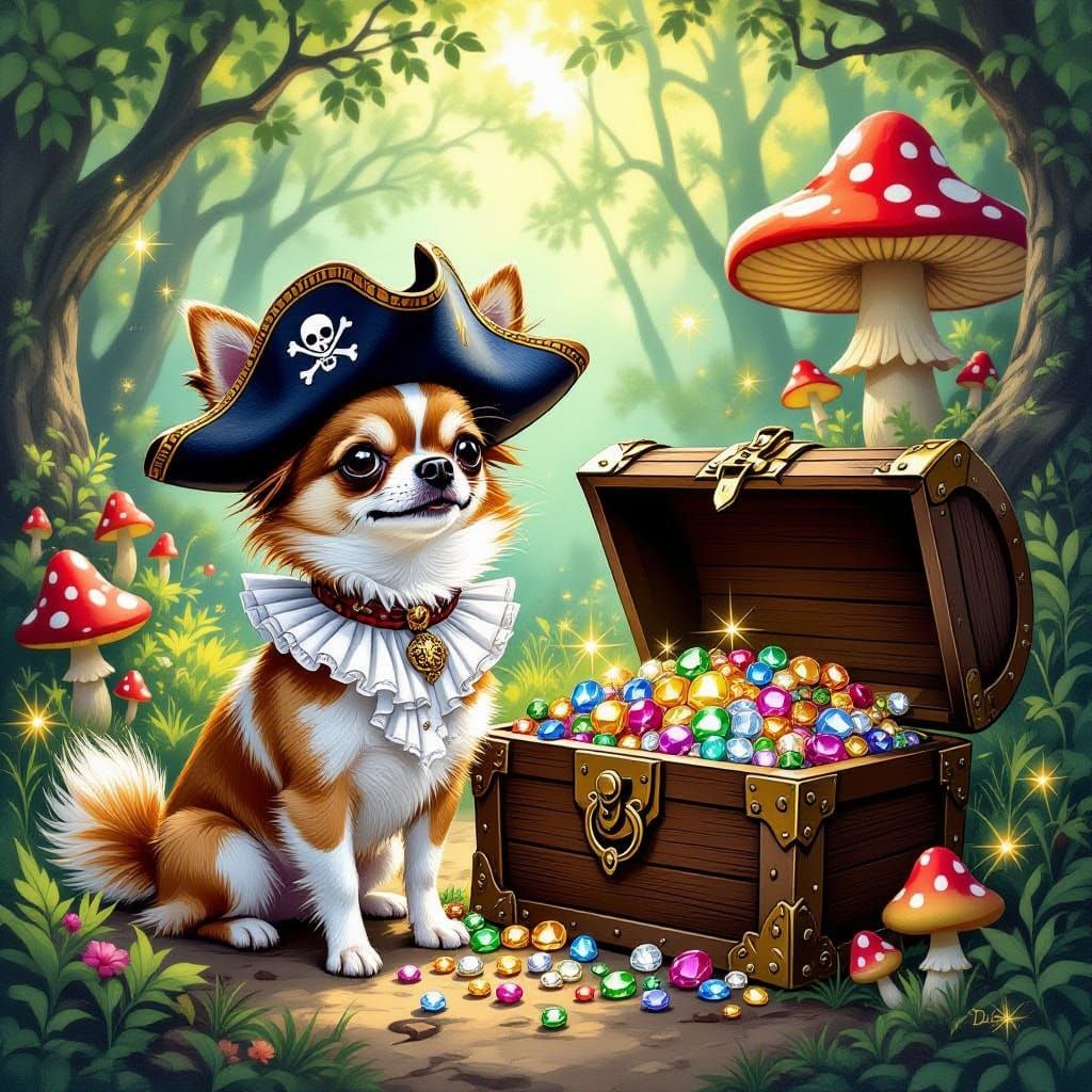 Chihuahua Pirate Guarding Jewels in Enchanted Forest
