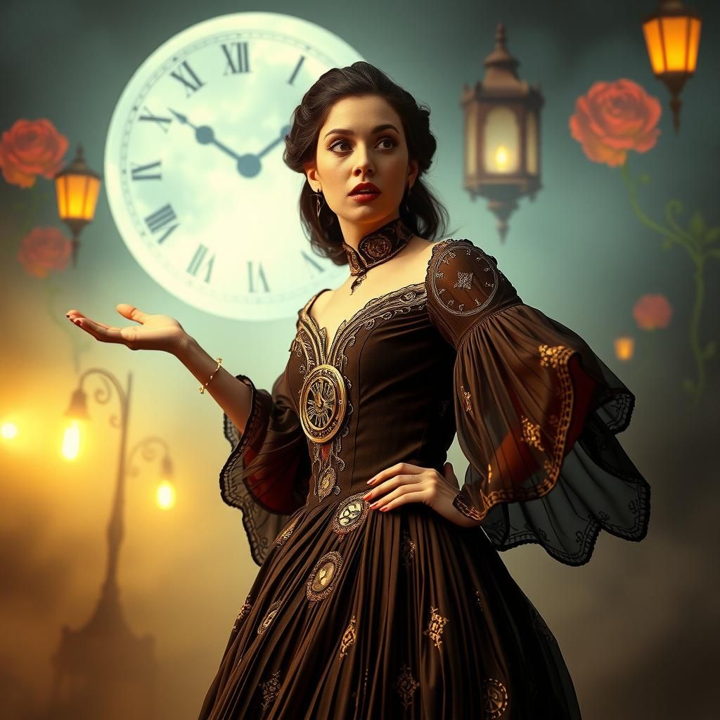 Clockwork Gown in Eerie Dreamscape, Surreal Art