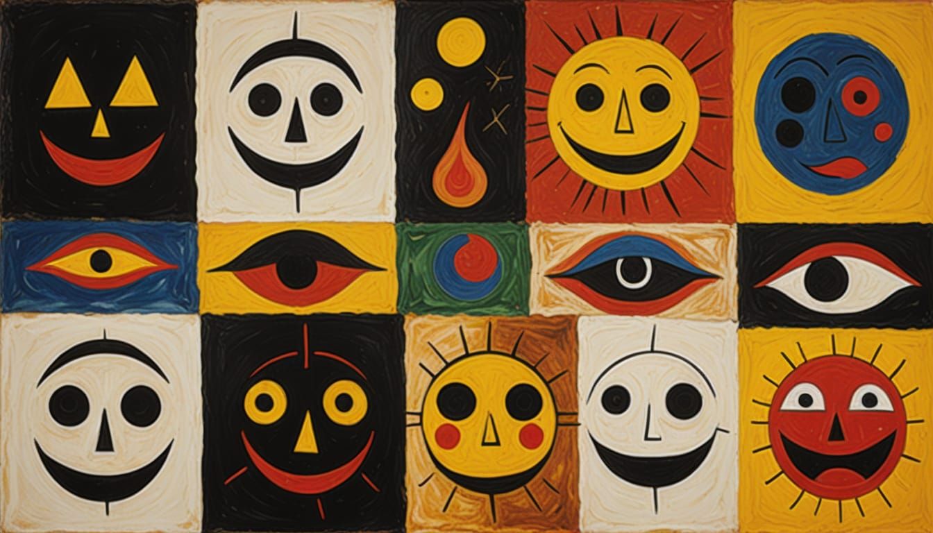 Surreal Faces and Fiery Sun, Visionary Art