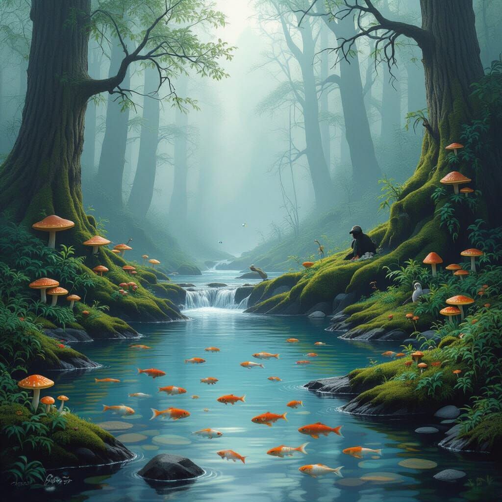 Mystical Foggy Forest with Wildlife and Waterfall