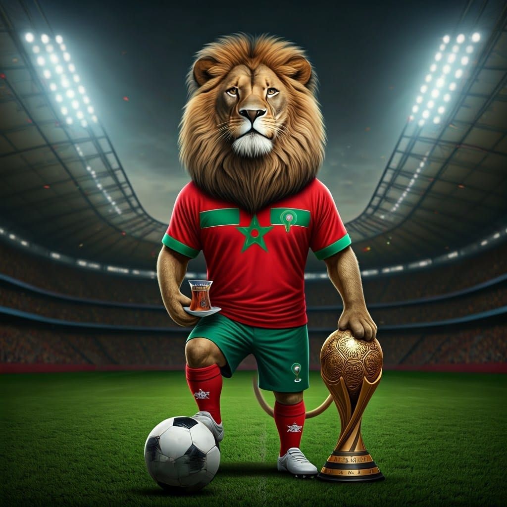 Lion in Stadium Wearing Moroccan Soccer Uniform