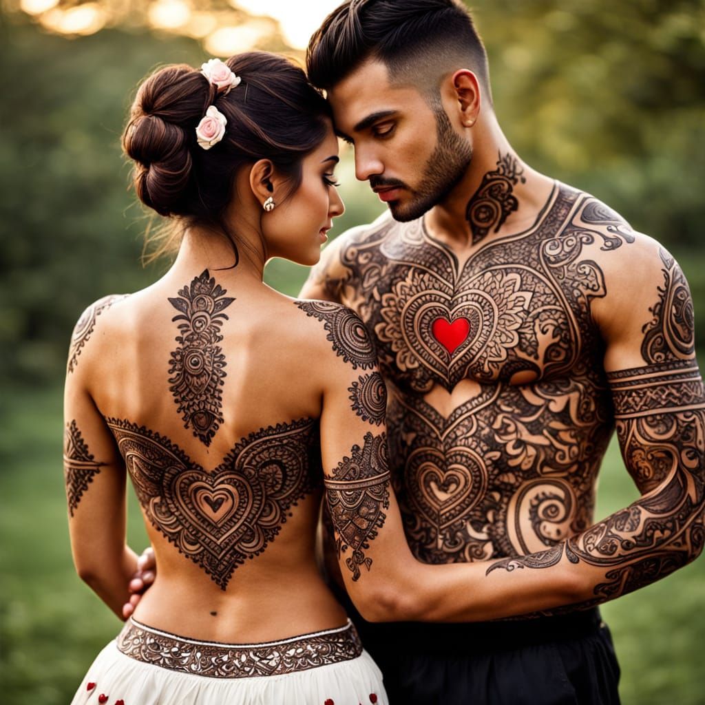 Romantic Hena Couple Adorned with Hearts
