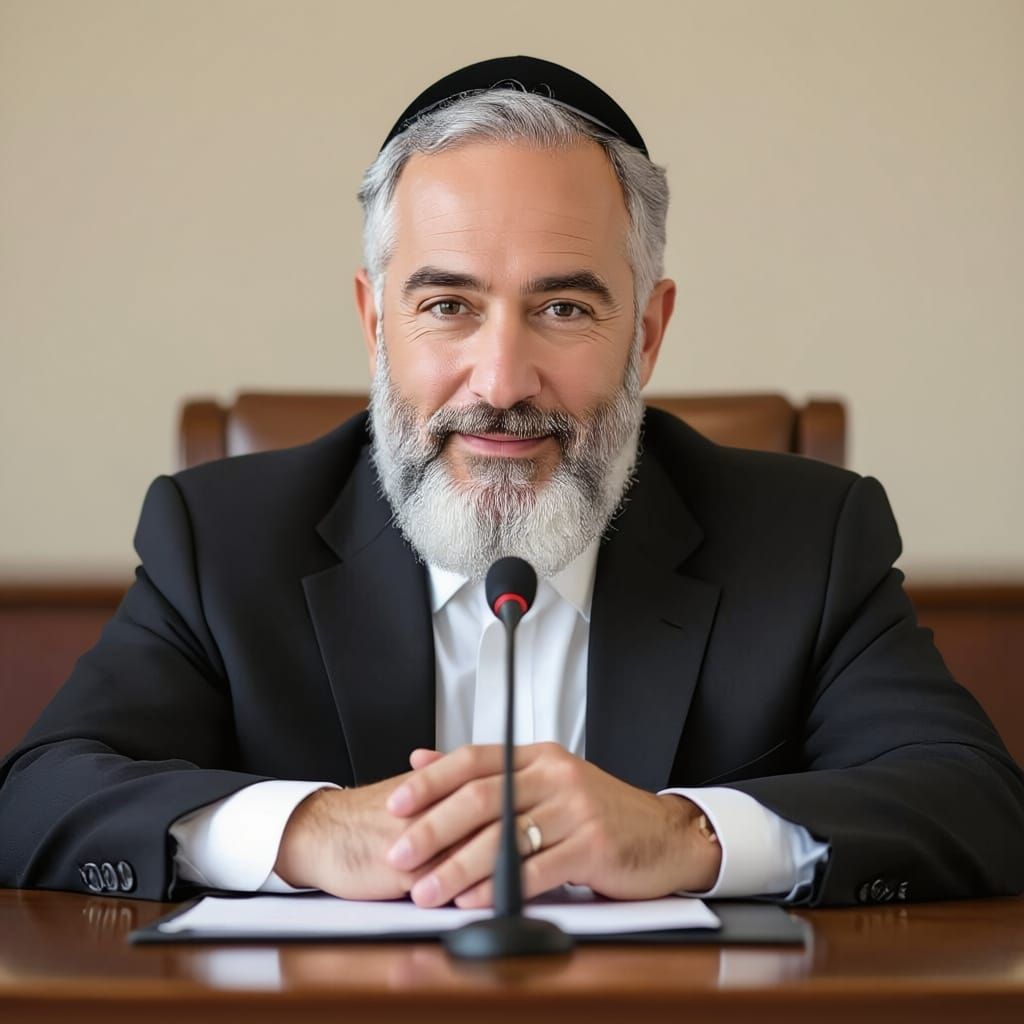 Jewish Rabbi Speaking at Desk with Microphone, Realistic Por...