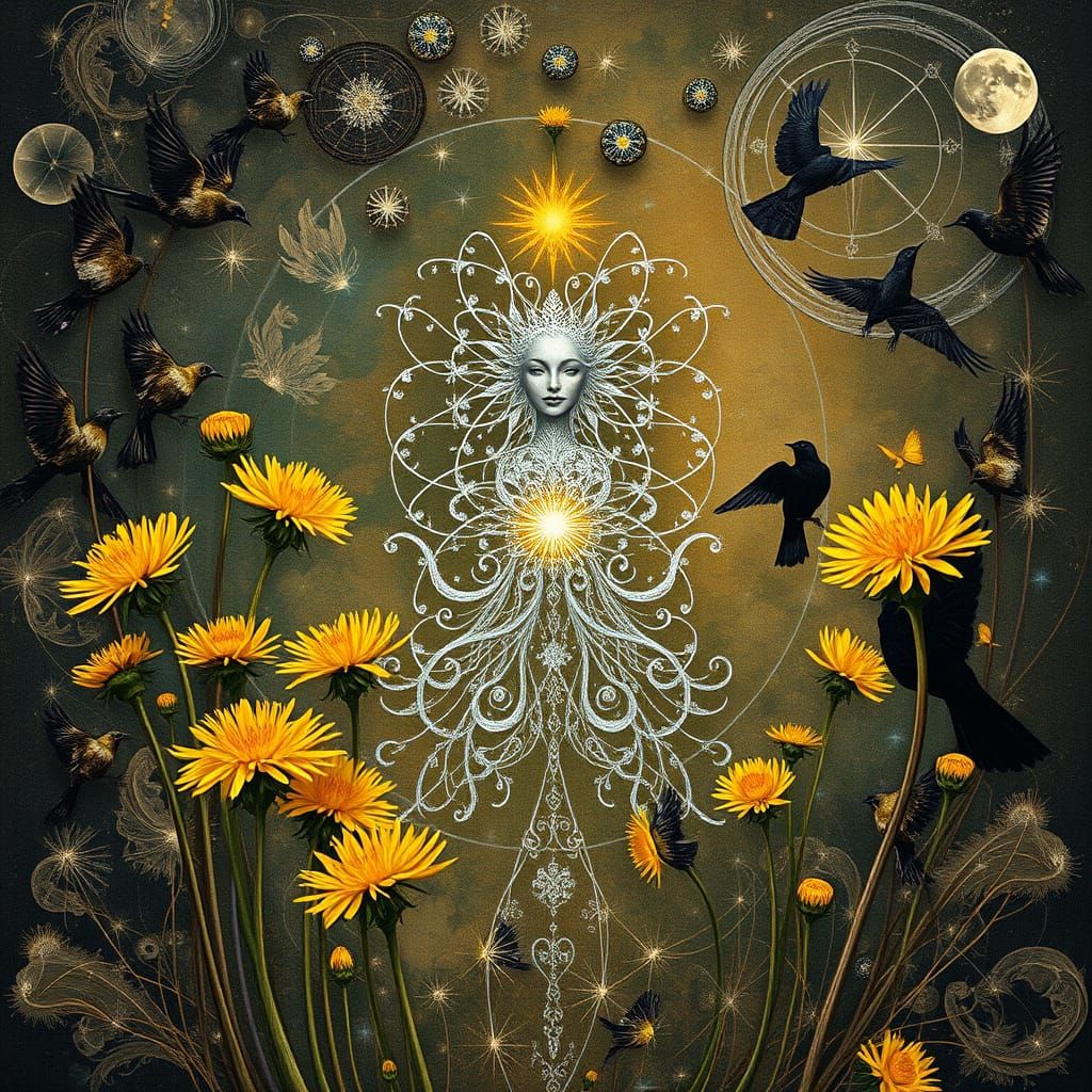 Ethereal Filigree Being Radiates Iridescent Glow Amidst Dand...