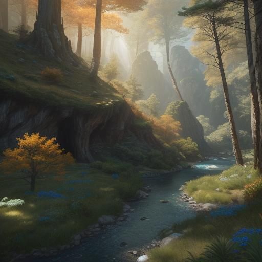 Lush Meadow at Cave Entrance: Fantasy Landscape Art