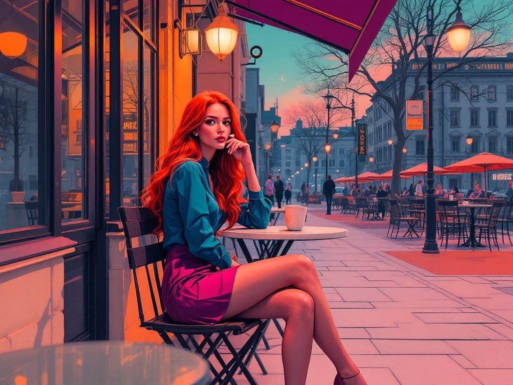 Retro Futuristic Café Scene in Neon Hues