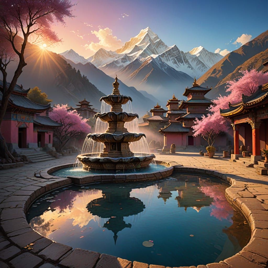 Dreamlike Tibetan Fountain in Ethereal Golden Light