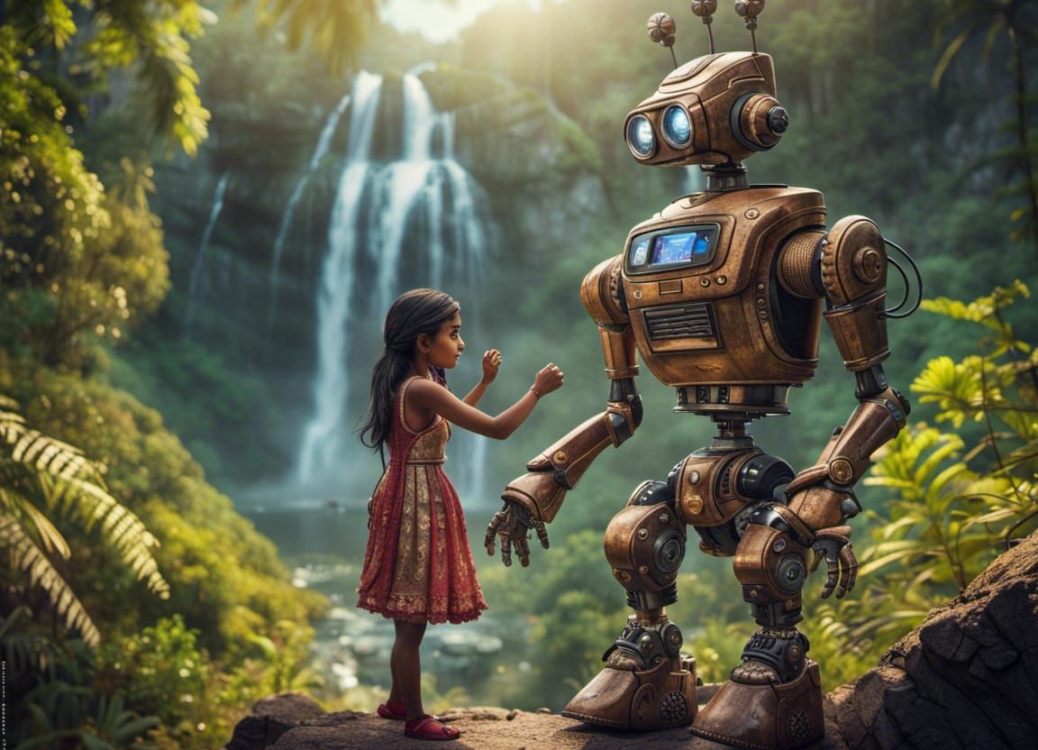 Robot and Girl Play in Detailed Natural Landscape