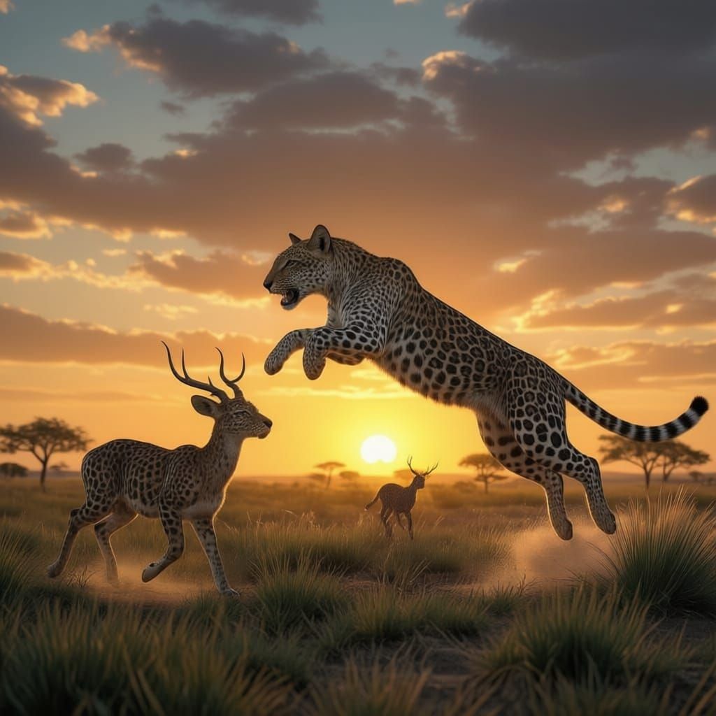 Leopard Ambush on African Savannah at Golden Hour